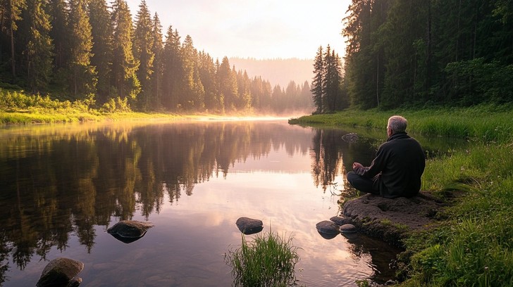 Person resting quietly by serene water